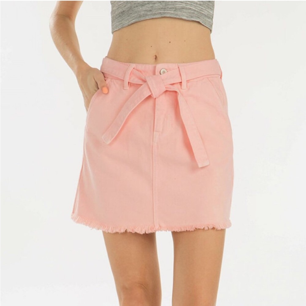 Kancan Tie Front Denim Skirt in Pink peach Size Medium 100% cotton